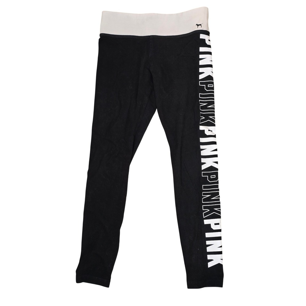 Pink Victoria's Secret Yoga Leggings Black White Logo Medium Y2k VS PInk - Picture 1 of 4